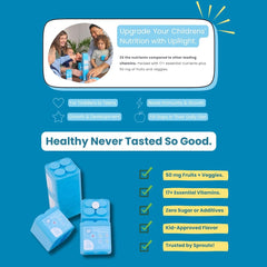Upright Nutrition bottle scene emphasizes portable, grab-and-go nutrition for busy families.
