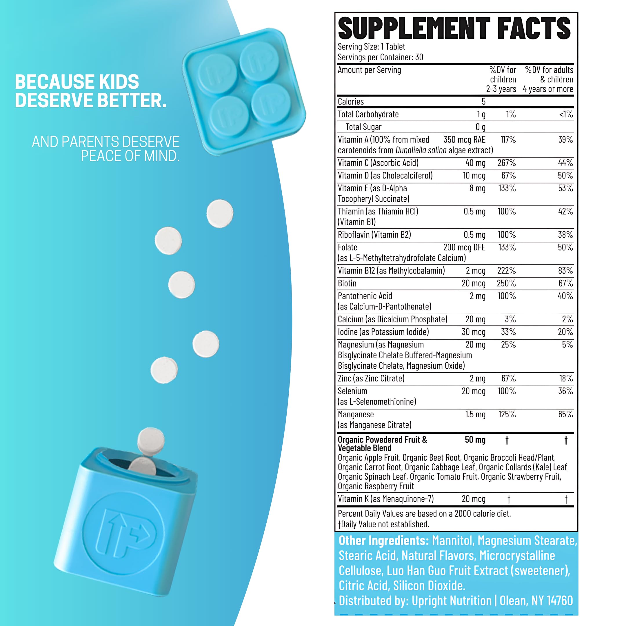 Upright Nutrition building-block container image suggests playful, reusable packaging for healthy habits.