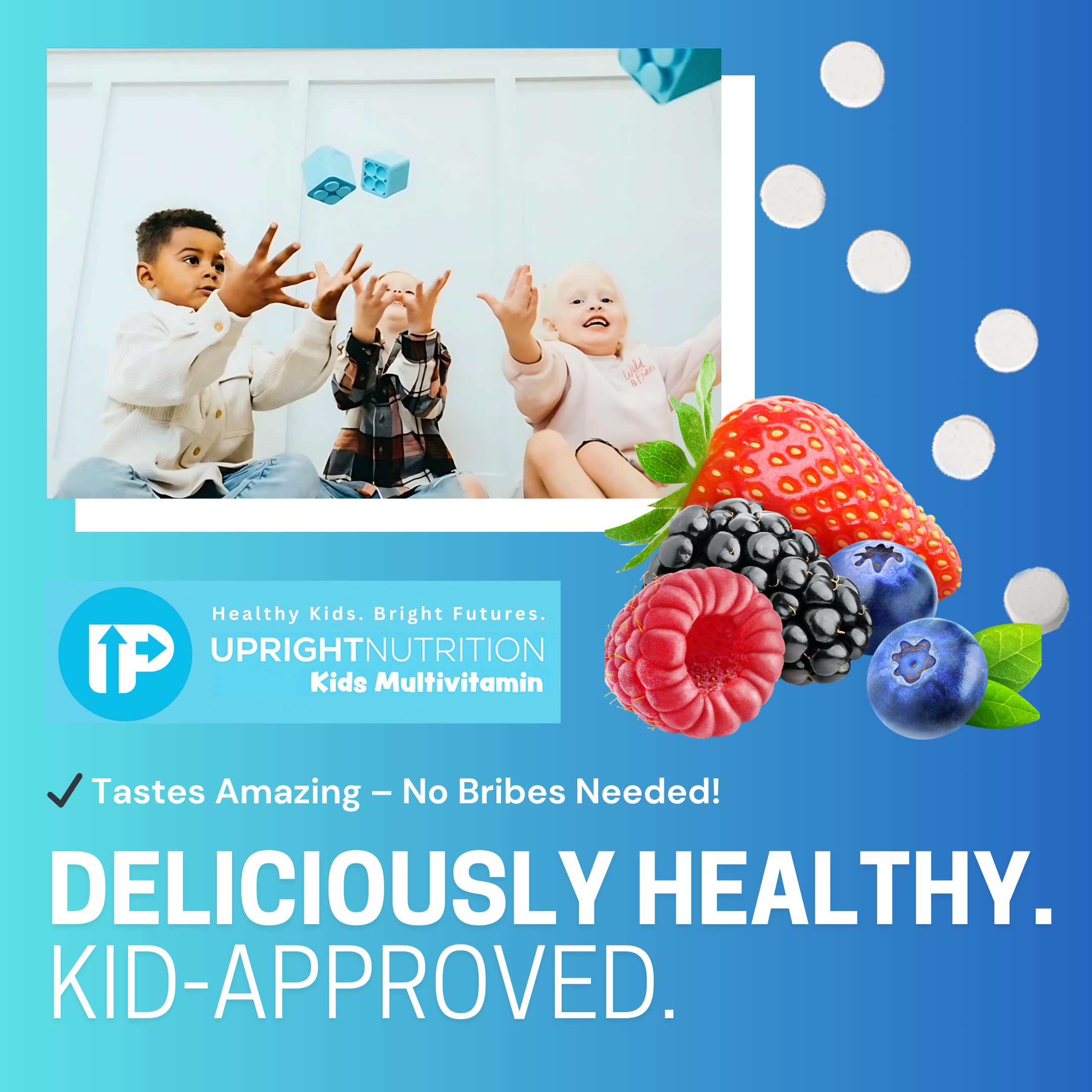 Upright Nutrition zero-sugar claim visible, ideal for sugar-free kid nutrition.