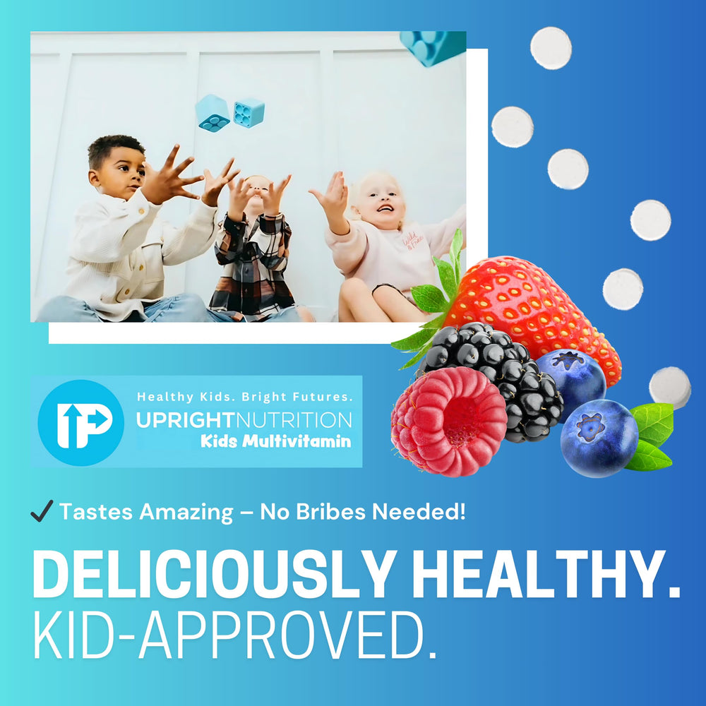 Upright Nutrition zero-sugar claim visible, ideal for sugar-free kid nutrition.