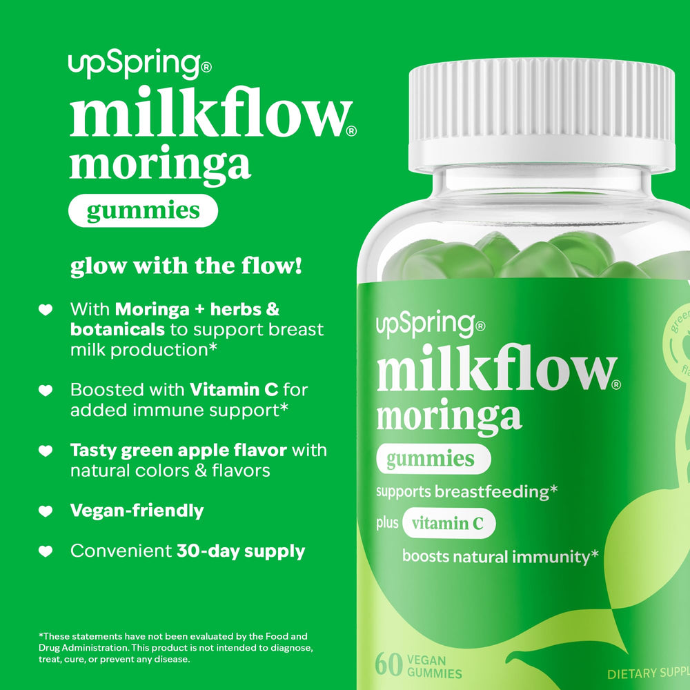 UpSpring Milkflow Moringa Gummies packaging front highlighting the product