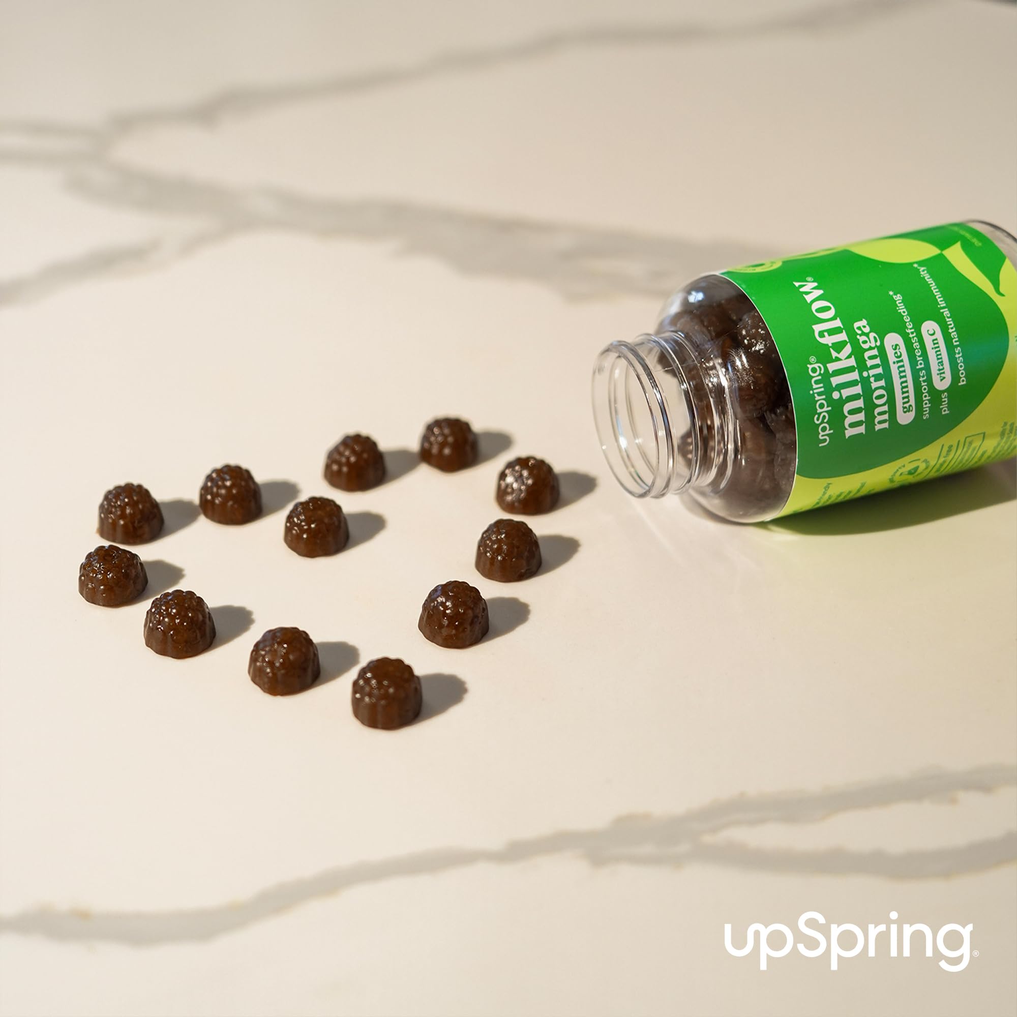 UpSpring Milkflow Moringa Gummies vegan label detail emphasizing plant-based ingredients
