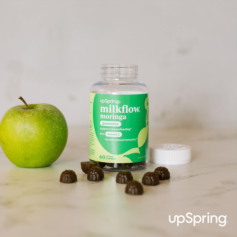 UpSpring Milkflow Moringa Gummies bottle shown with Vitamin C emphasis for immune-friendly routine