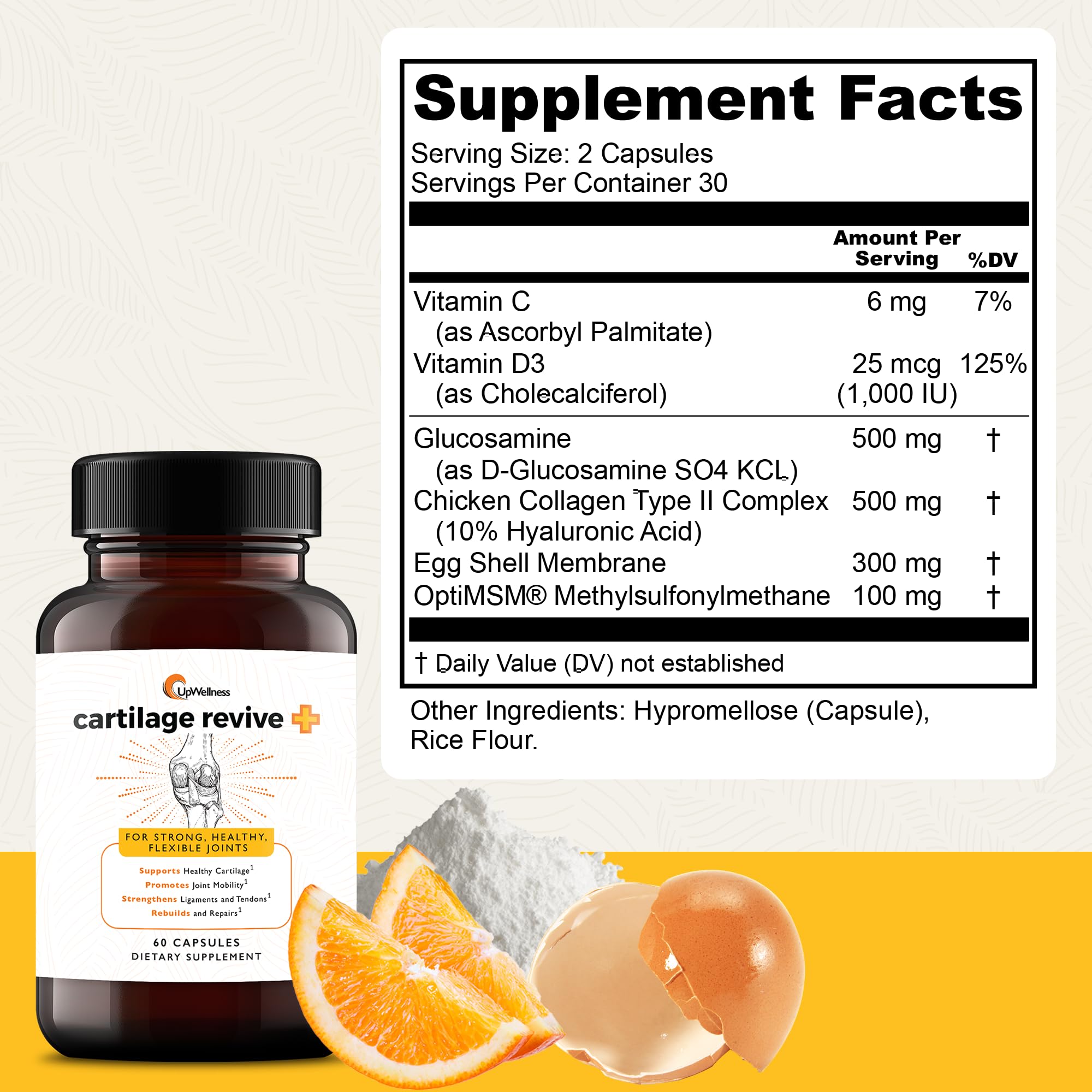UpWellness Cartilage Revive capsules closeup shows easy to take form for joints.