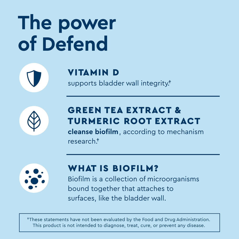 Uqora Defend bottle label highlights D-mannose and turmeric for daily urinary health.