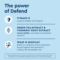 Uqora Defend bottle label highlights D-mannose and turmeric for daily urinary health.