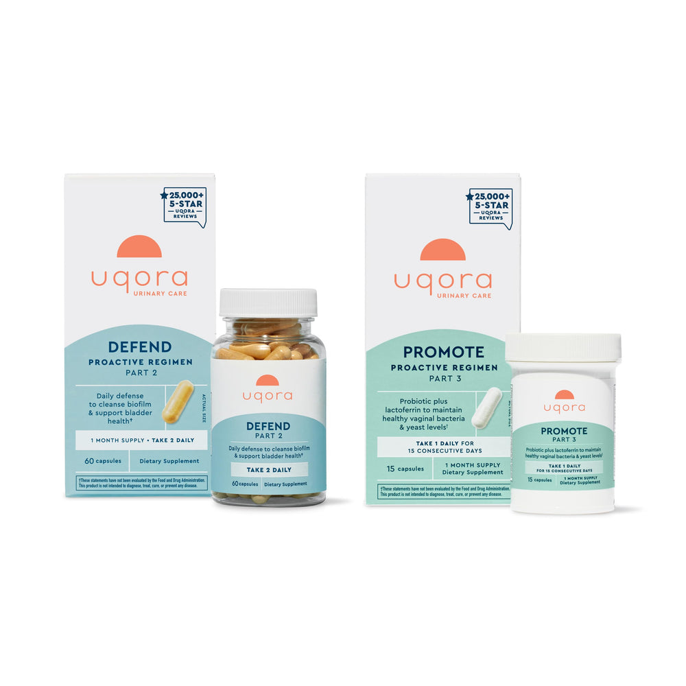 Uqora Defend bottle pour demonstrates easy daily use for bladder health support.