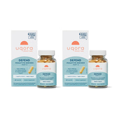 Uqora Defend bottle pour demonstrates daily intake for urinary health support.