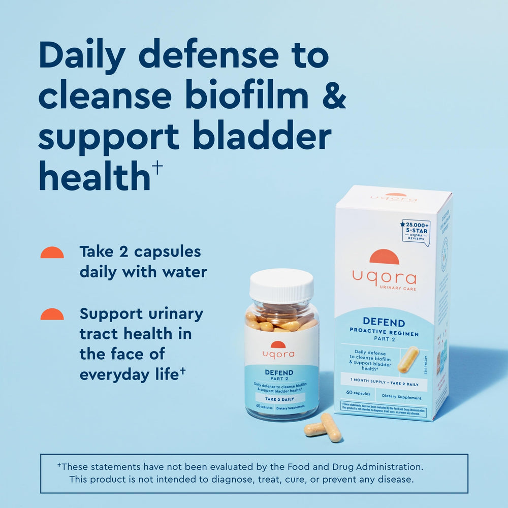 Uqora Defend packaging front highlights gluten-free, 120-capsule 2-pack for bladder support.