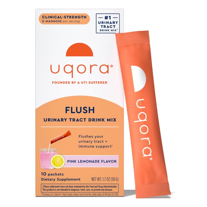 Uqora Flush pink lemonade packet ready to mix for urinary health support.