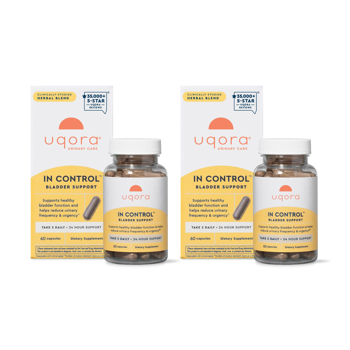 Uqora In Control bottle close-up highlighting daily bladder support for urinary comfort.