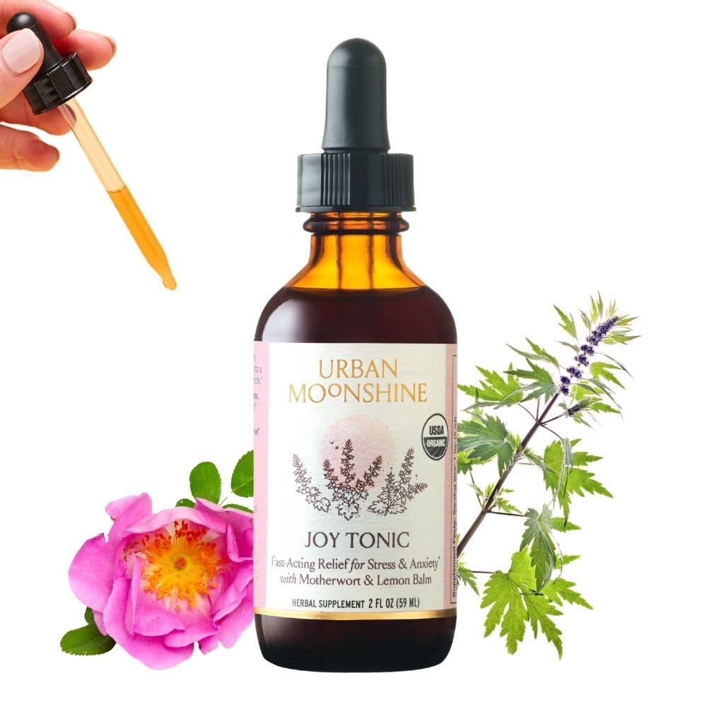 Urban Moonshine Joy Tonic bottle front promotes stress relief with calming herbal blend.