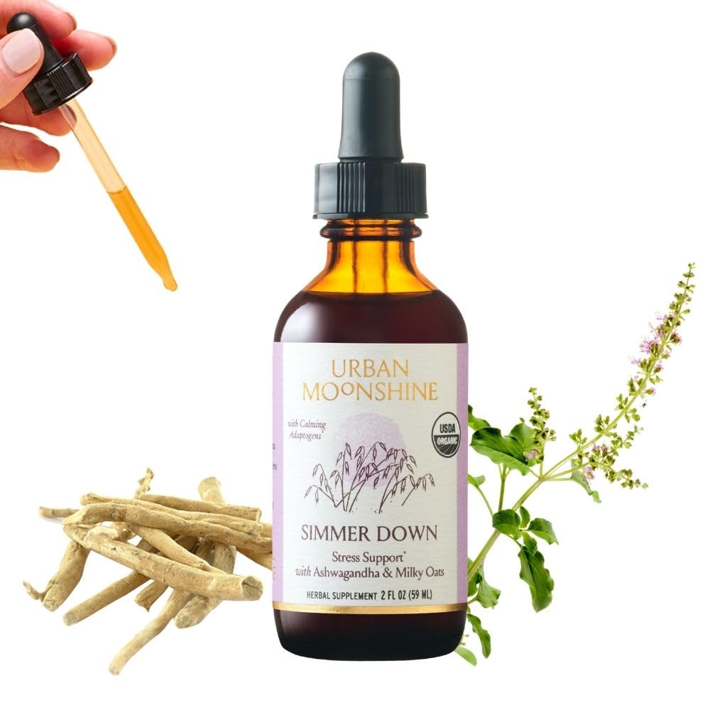 Urban Moonshine Simmer Down bottle highlights easy, non-drowsy stress support.