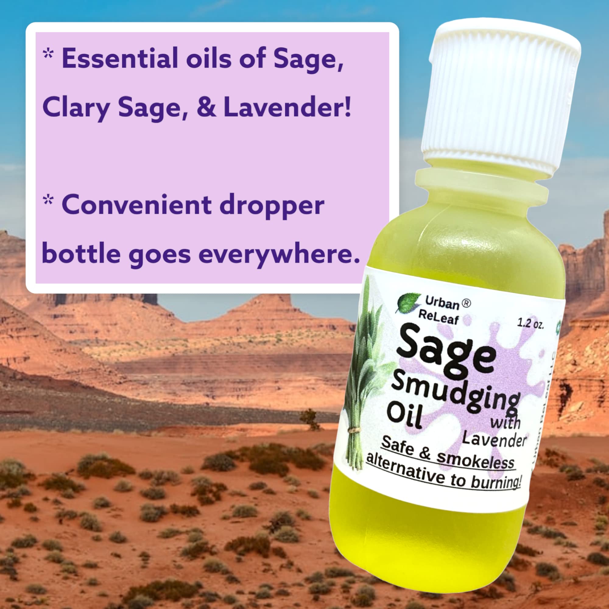 Urban ReLeaf Sage Smudging Oil bottle close-up highlighting a smokeless alternative.