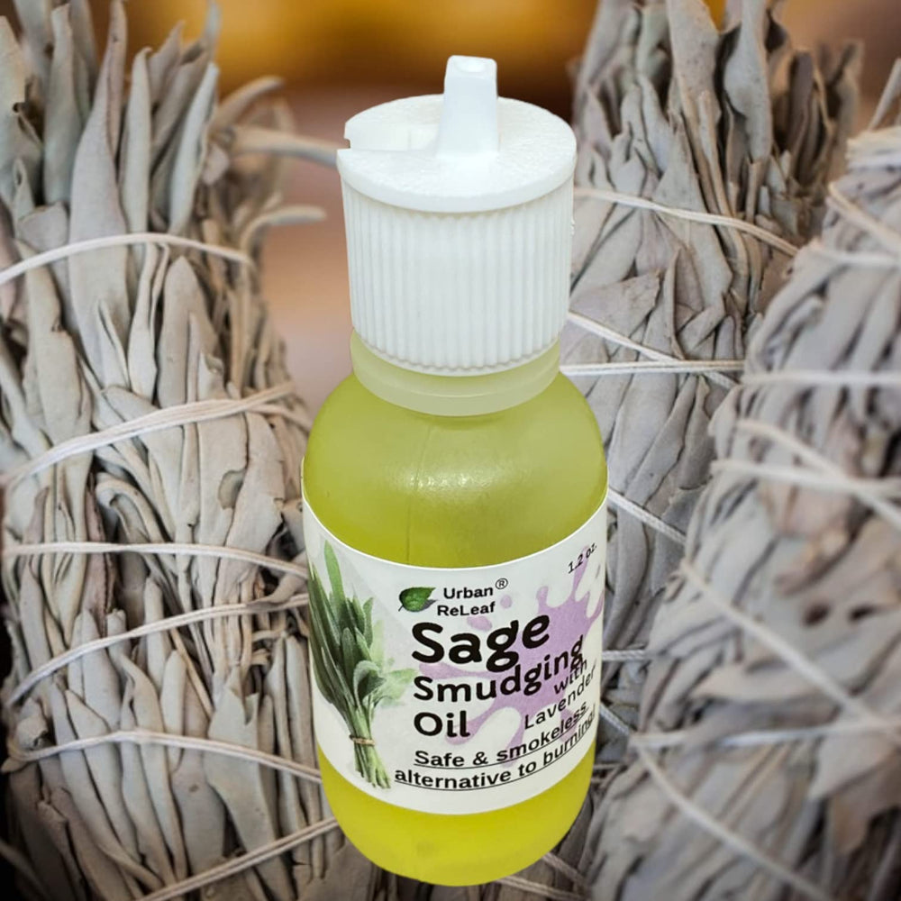 Urban ReLeaf Sage Smudging Oil in hand showing silky moisturizer and massage use.