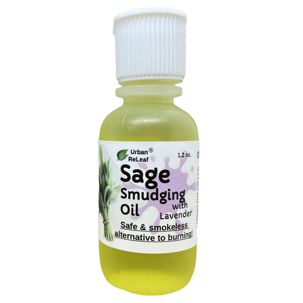 Urban ReLeaf Sage Smudging Oil with lavender dropper for a soothing cleansing ritual.