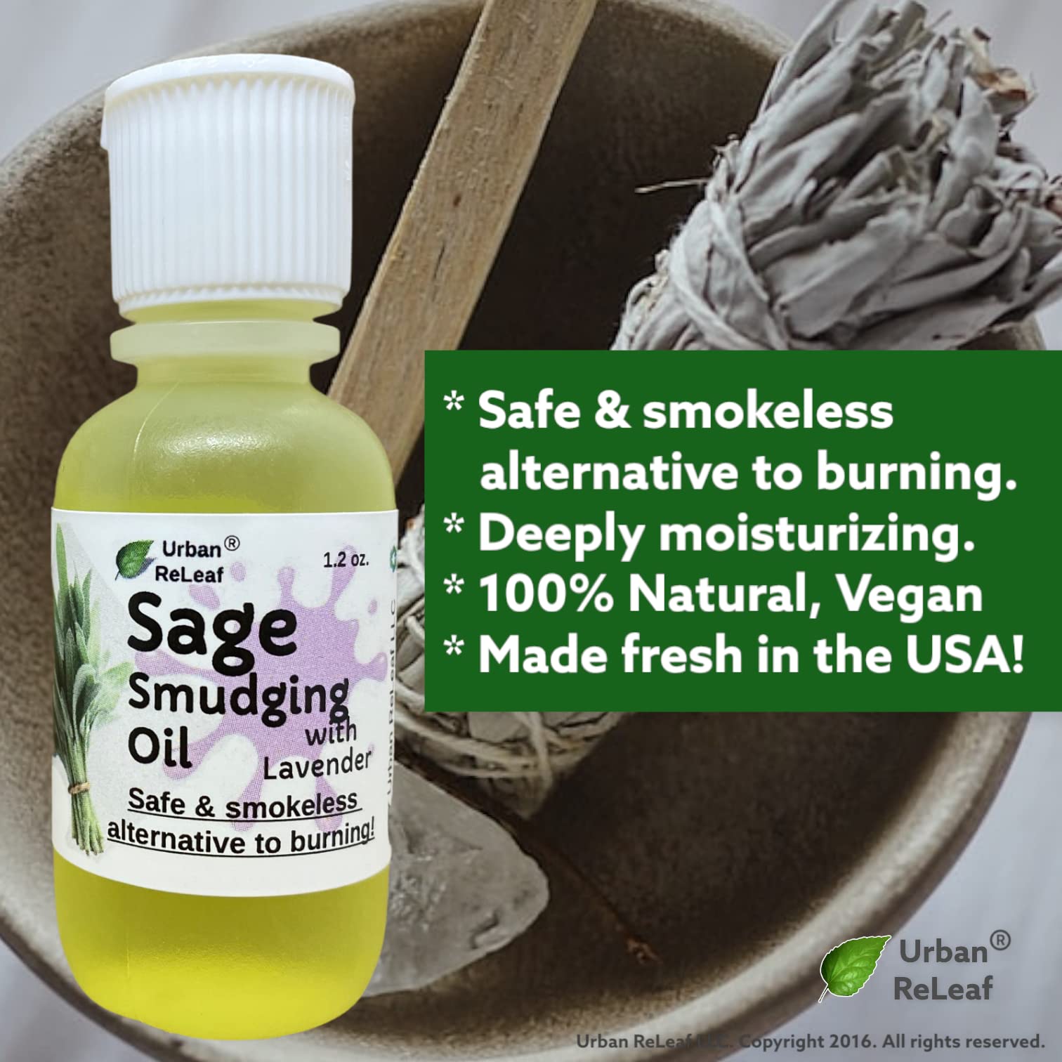 Urban ReLeaf two-sage blend with lavender aroma for calming rituals.