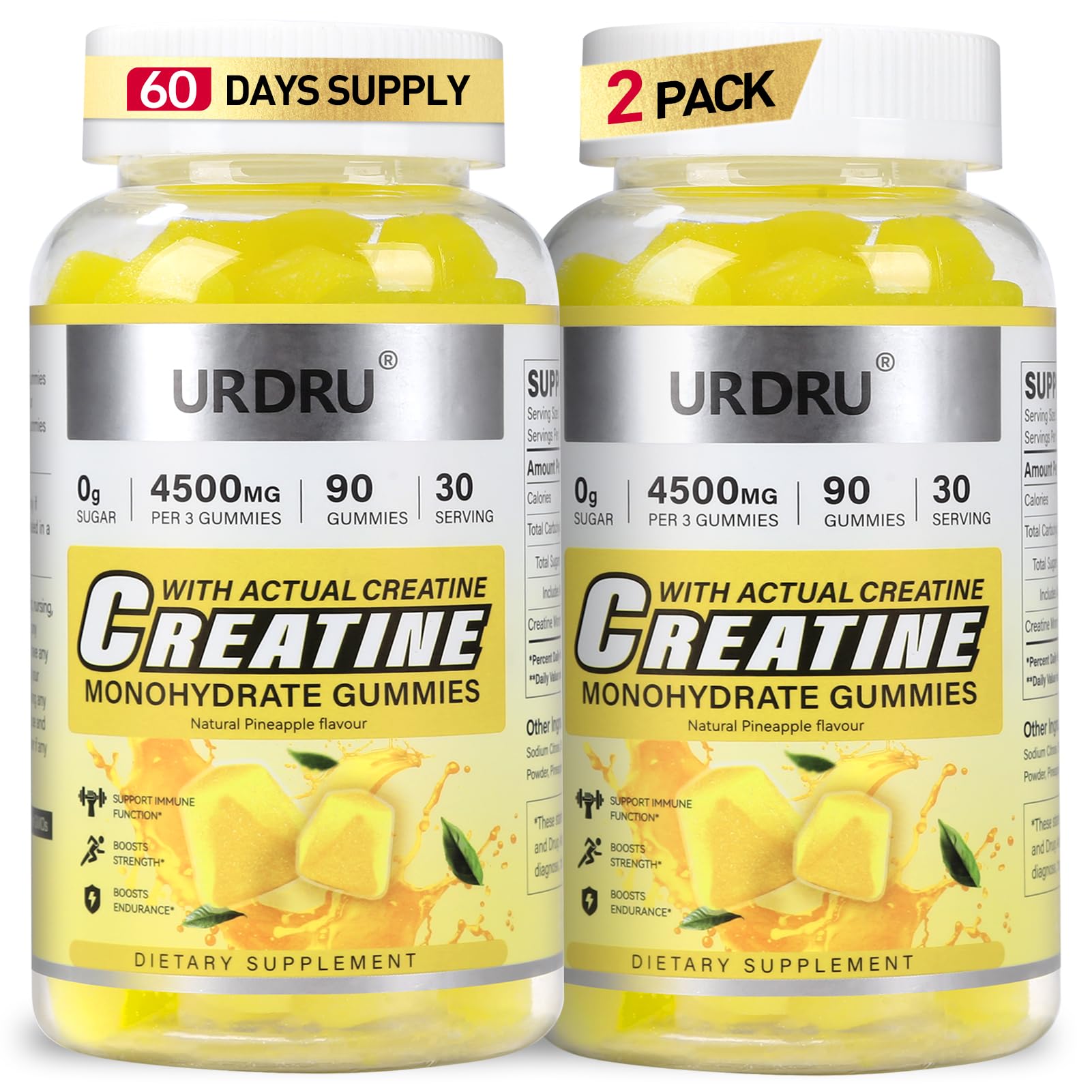 URDRU Creatine Gummies pineapple bottle front for convenient pre-workout support