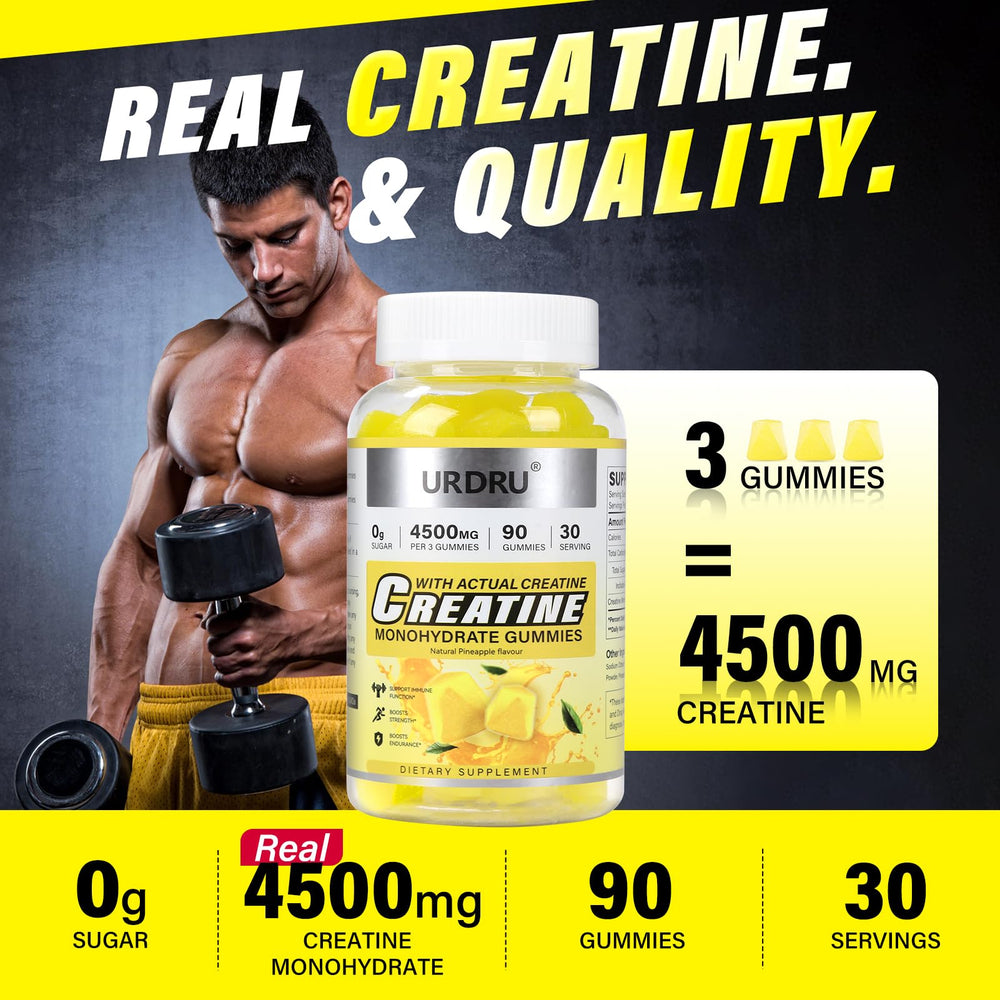 URDRU Creatine Gummies pineapple pack label highlights vegan, non-GMO formula