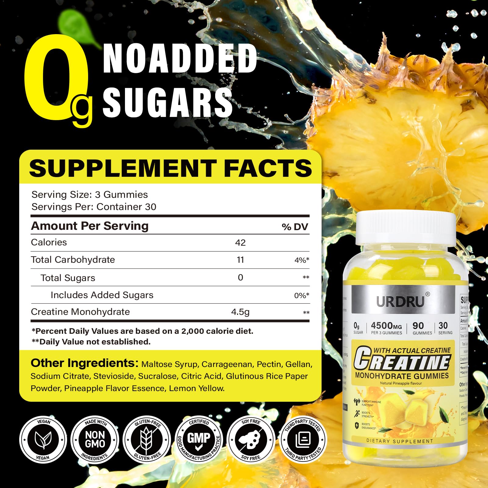 URDRU Creatine Gummies pineapple seal shows third-party verification