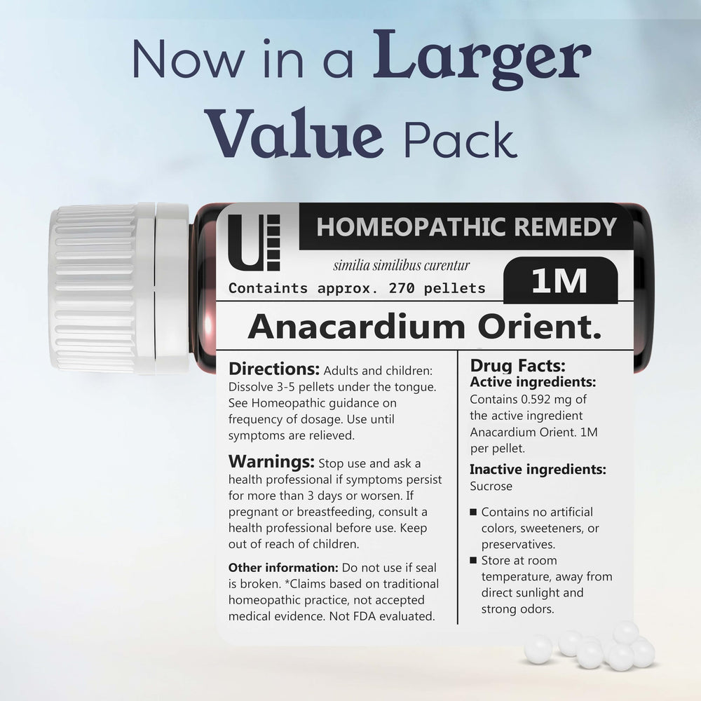 Urenus Anacardium Orientale 1M pellets empty bottle showcases eco-friendly packaging