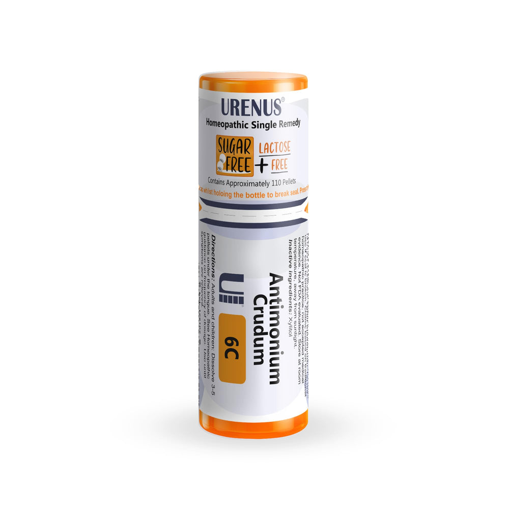 Urenus Antimonium Crudum 6C pellets bottle for precise, on-the-go dosing.