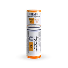 Urenus Antimonium Crudum 6C pellets bottle for precise, on-the-go dosing.