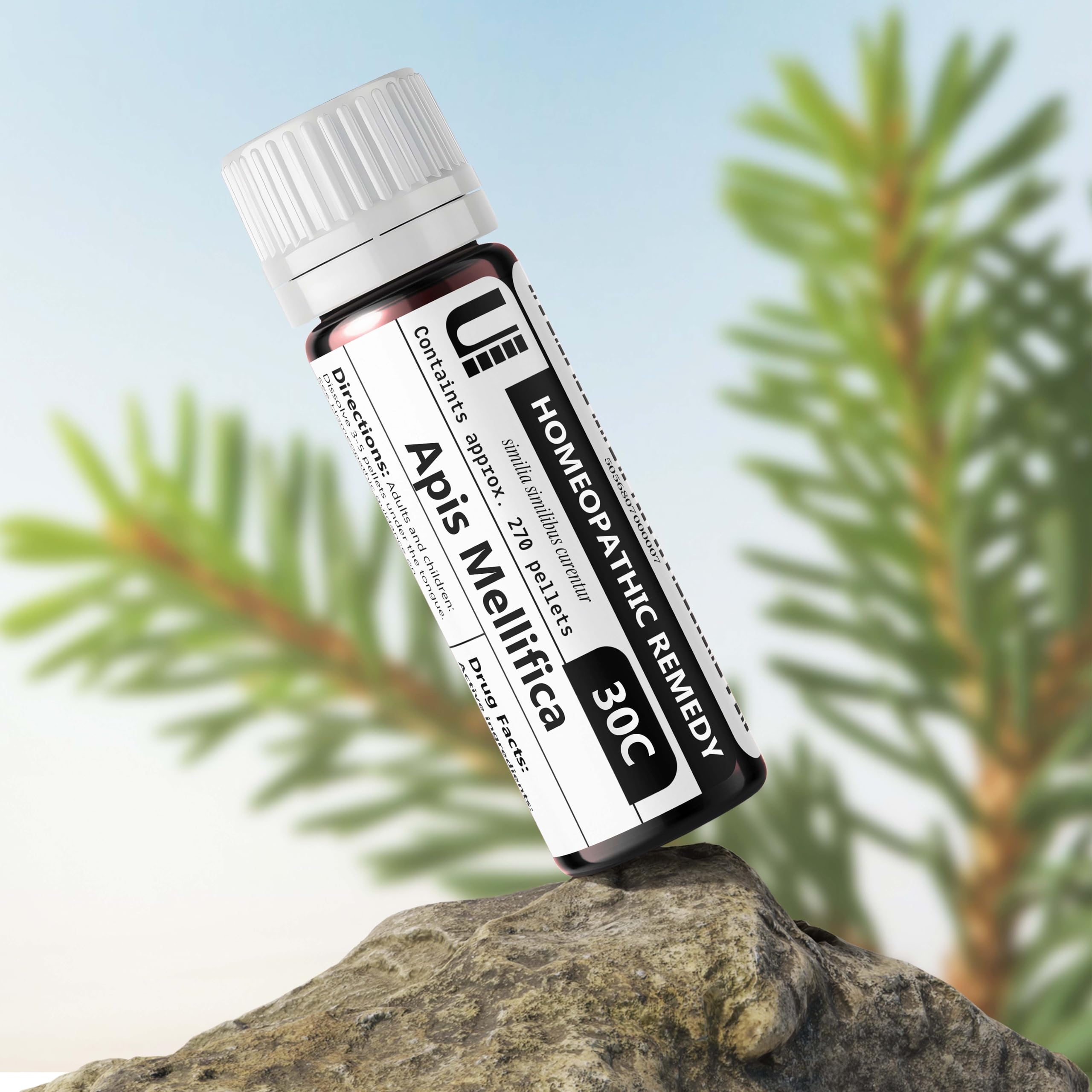 Urenus Apis Mellifica 30C pellets closeup, lactose-free formula ready for use.