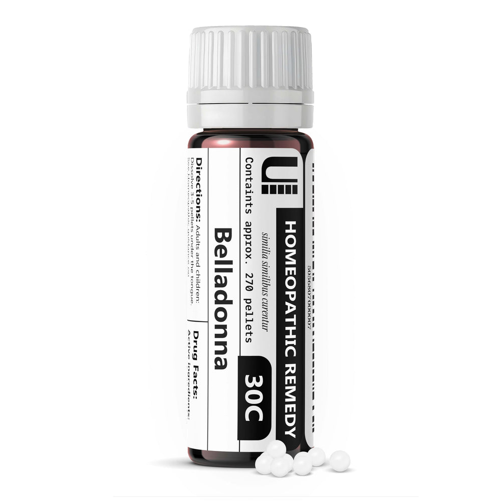 Urenus Belladonna 30C bottle showing convenient sublingual dosage for quick use.