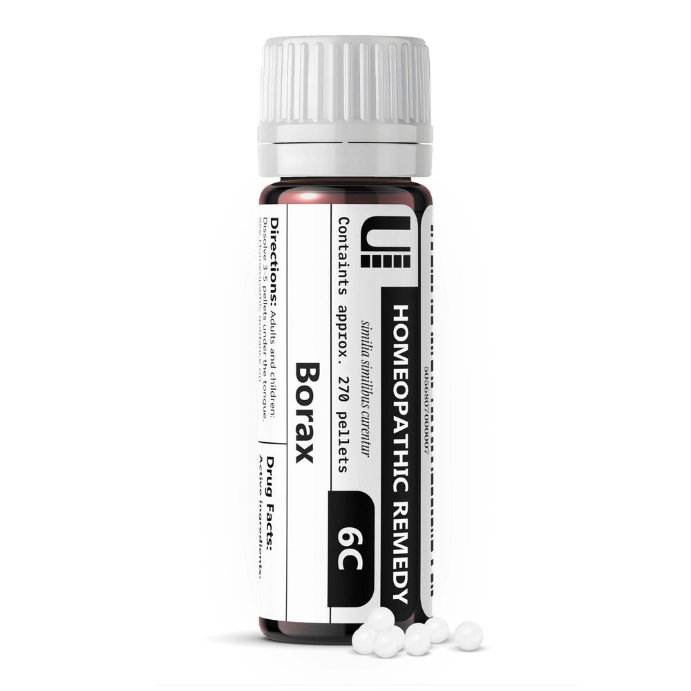 Urenus Borax 6C pellets bottle top view, lactose-free option for sensitive palates.