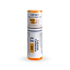 Urenus Calcarea Carbonica 30C bottle with one-at-a-time pellet dispensing.
