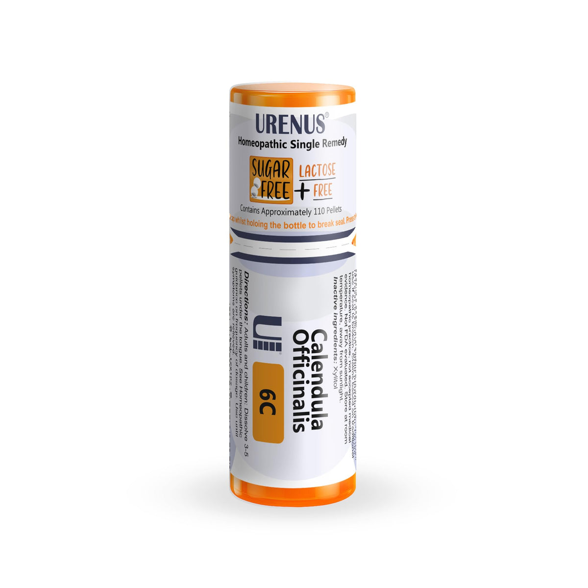 Urenus calendula-6c pellets bottle closeup shows compact, sugar-free packaging for on-the-go use.