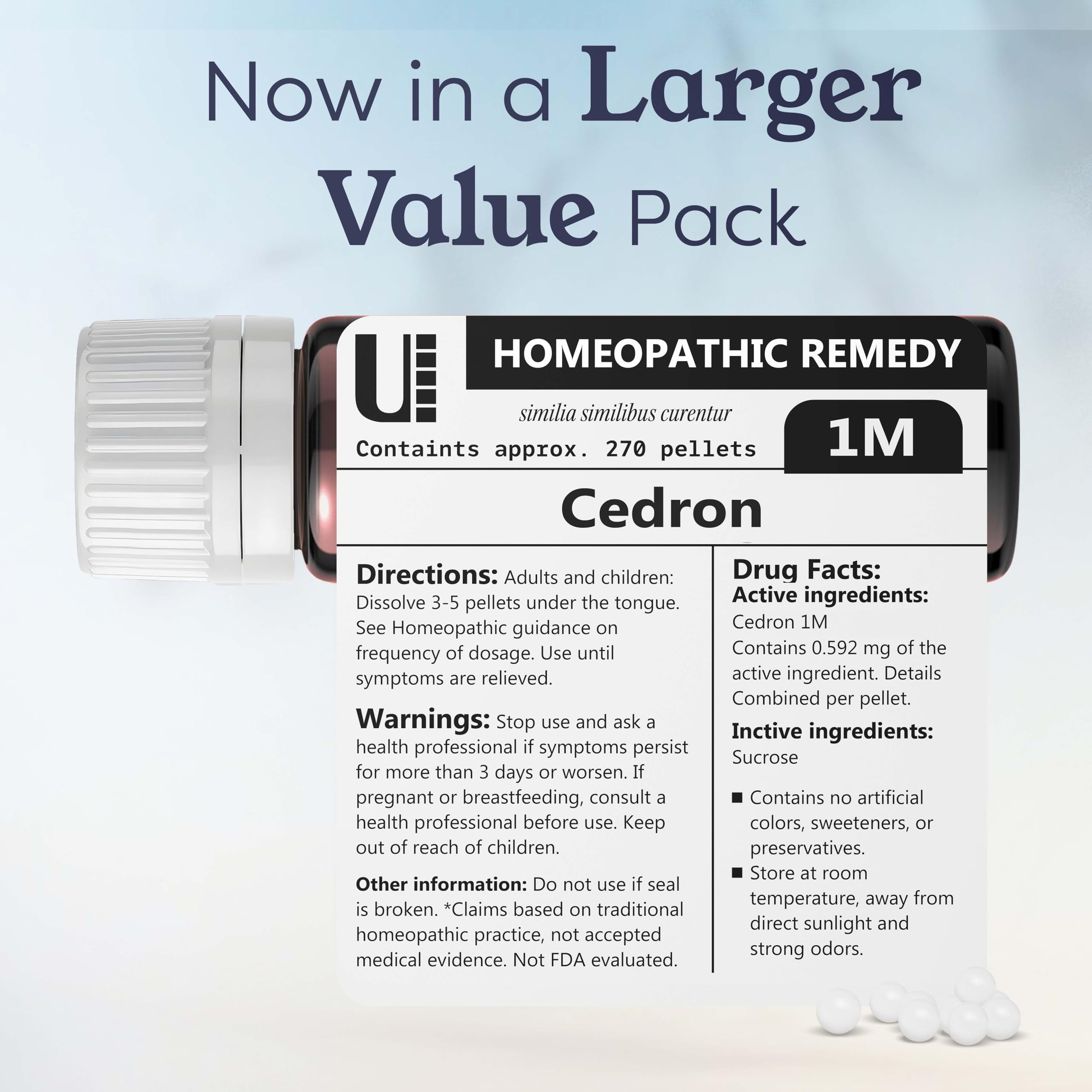 Urenus Cedron 1M pellets label—eco-conscious packaging and batch information