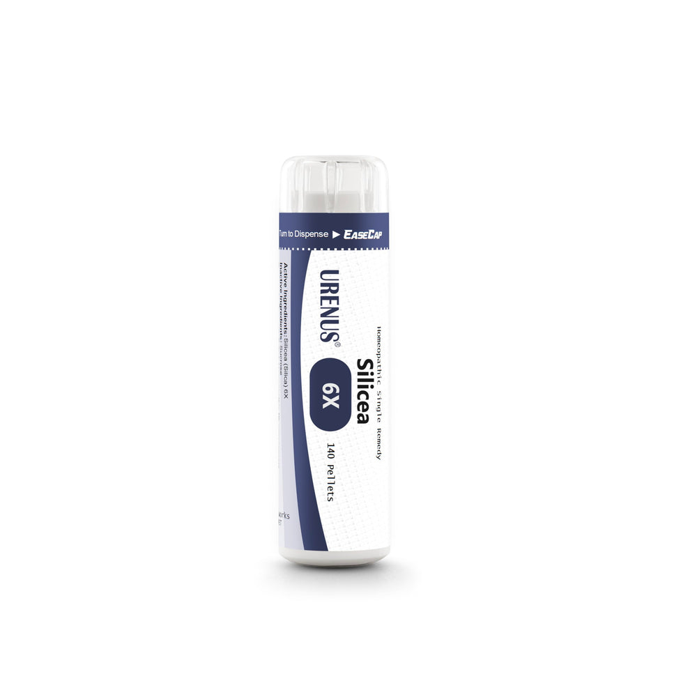 Urenus Silicea 6X cell salt bottle with EaseCap offering lactose-free easy dosing.