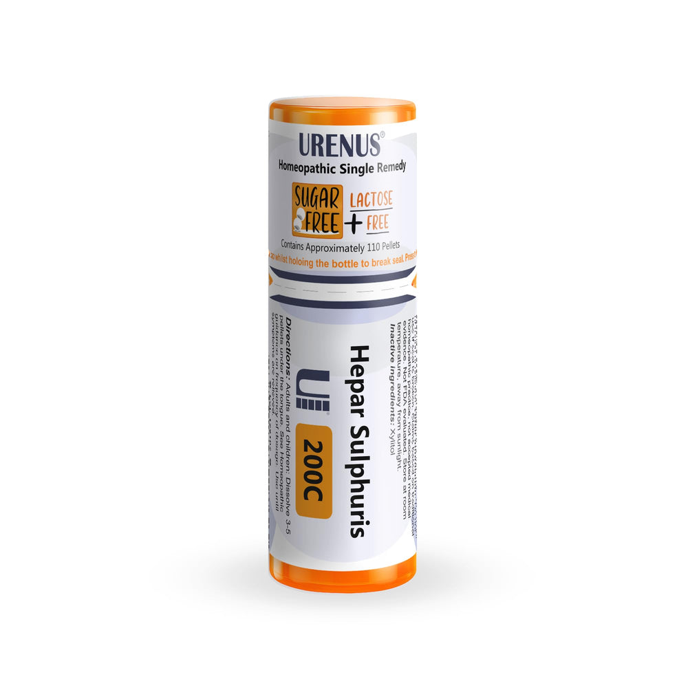 Urenus Hepar Sulphuris 200C bottle with sugar-free pellets for convenient use