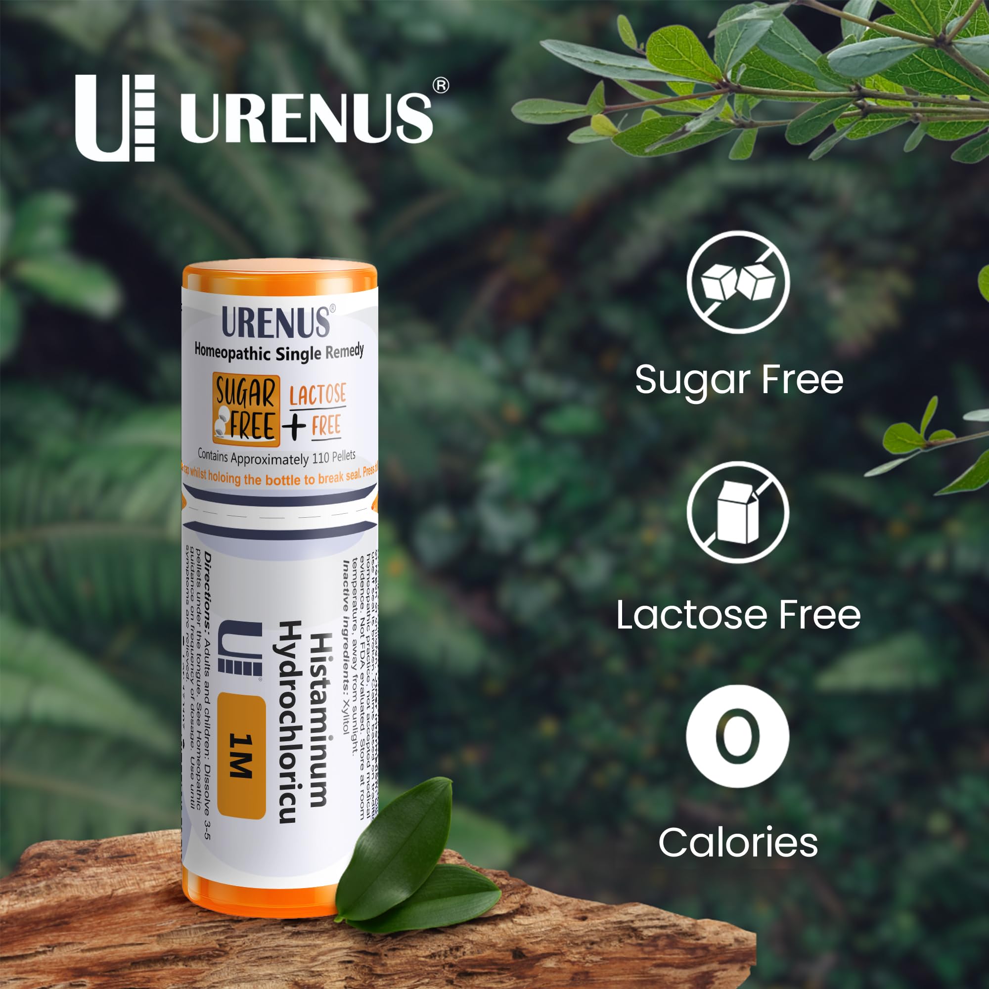 Compact Urenus Histaminum 1M bottle highlighting sugar-free formulation.