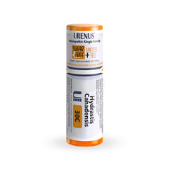 Urenus Hydrastis 30C bottle dispenser showing precise one-pellet dosing.
