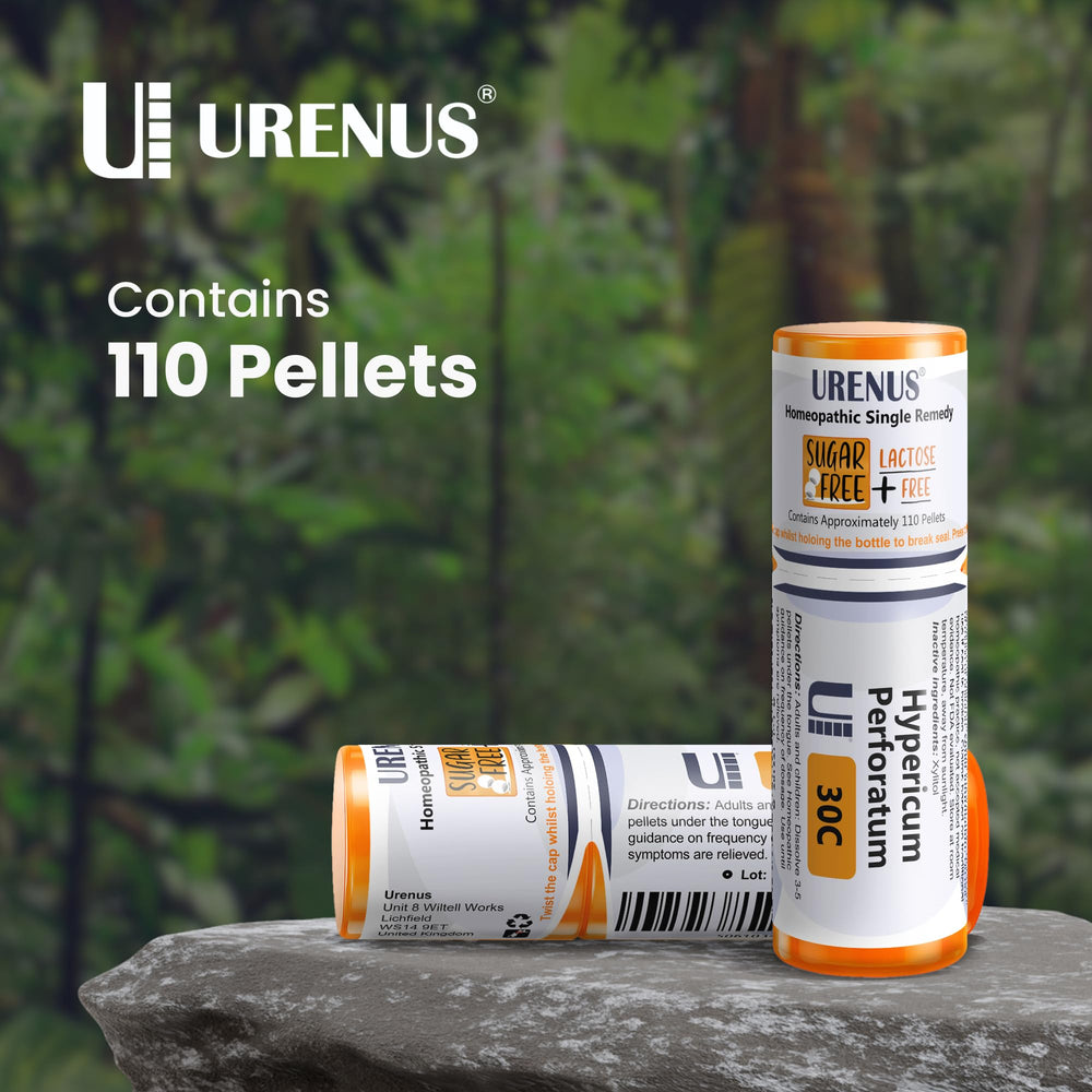 Urenus Hypericum perforatum 30C bottle with dispensing button for hygienic on-the-go dosing.