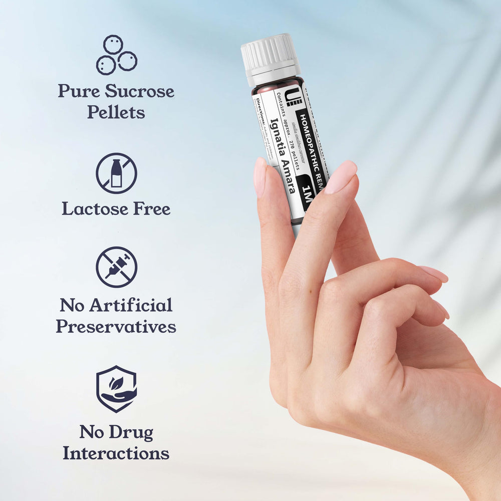 Urenus Ignatia 1M bottle emphasizes discreet under tongue dosing.