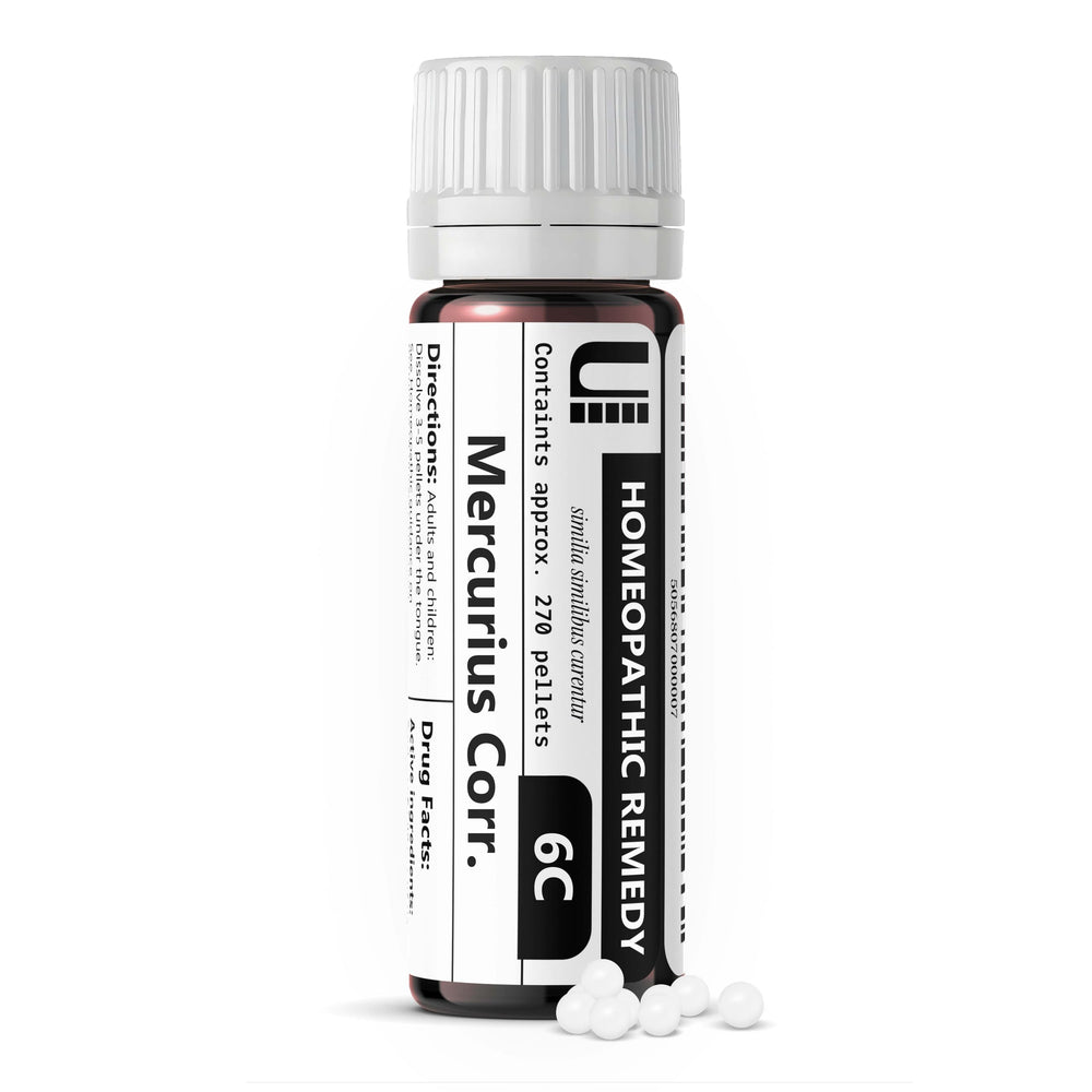 Urenus Mercurius Corrosivus bottle with lactose-free pellets for convenient home use.
