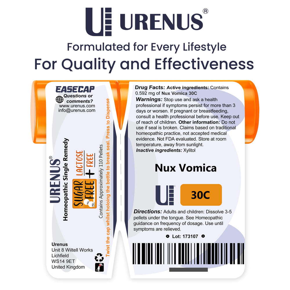 Urenus Nux Vomica 30C eco-friendly bottle promotes sustainable storage.