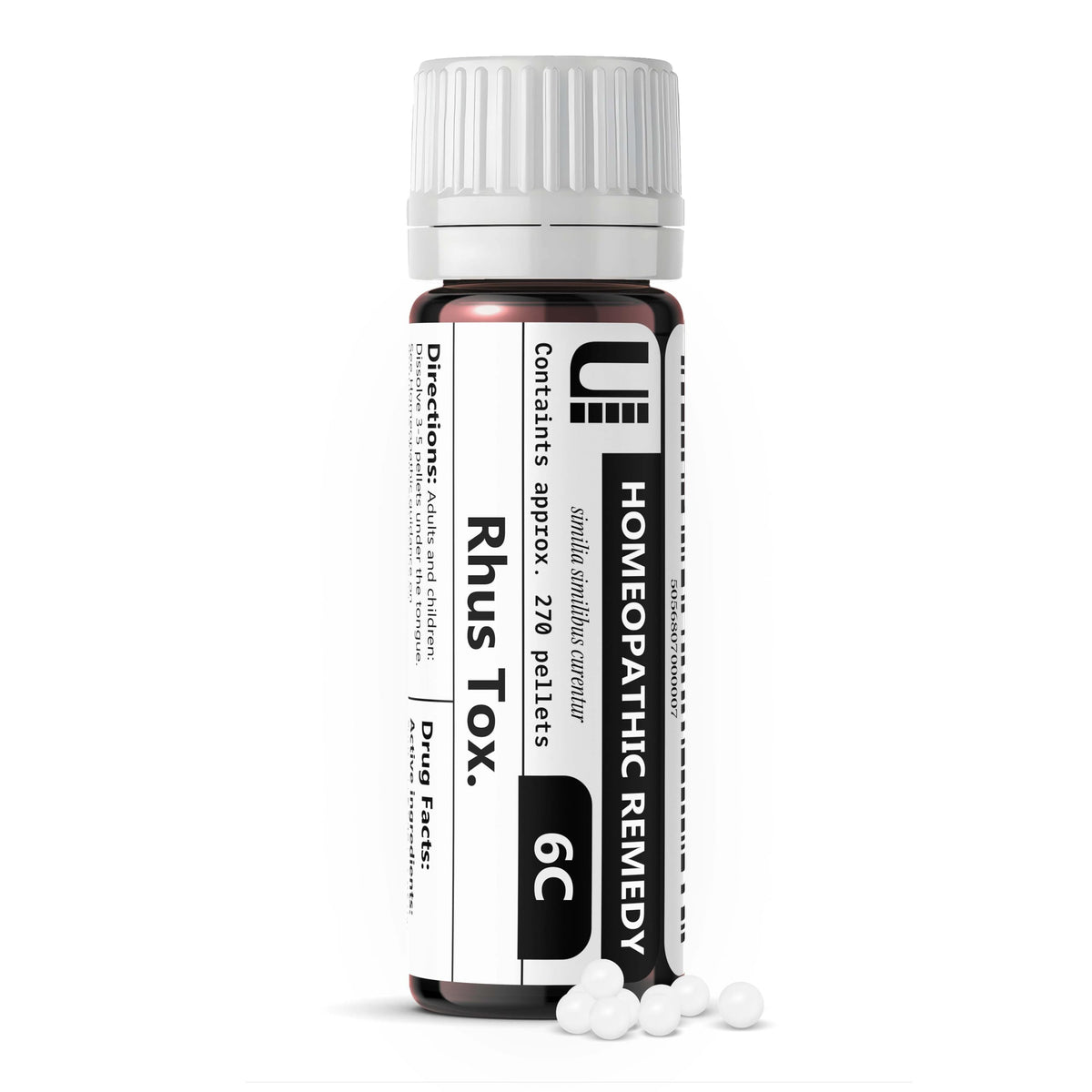 Urenus Rhus Toxicodendron 6C pellets in a bottle, lactose-free option for sensitive users.