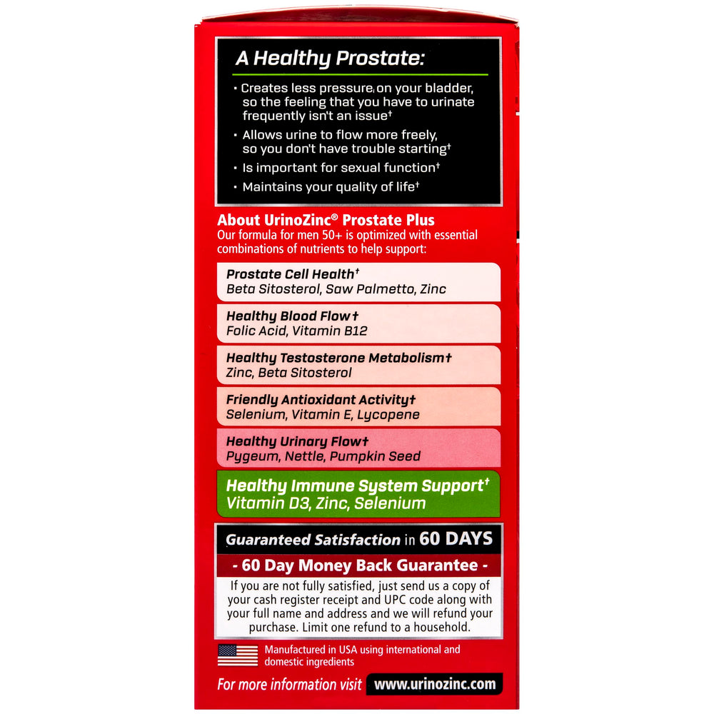 Urinozinc Prostate Plus bottle back with dosage and ingredients overview