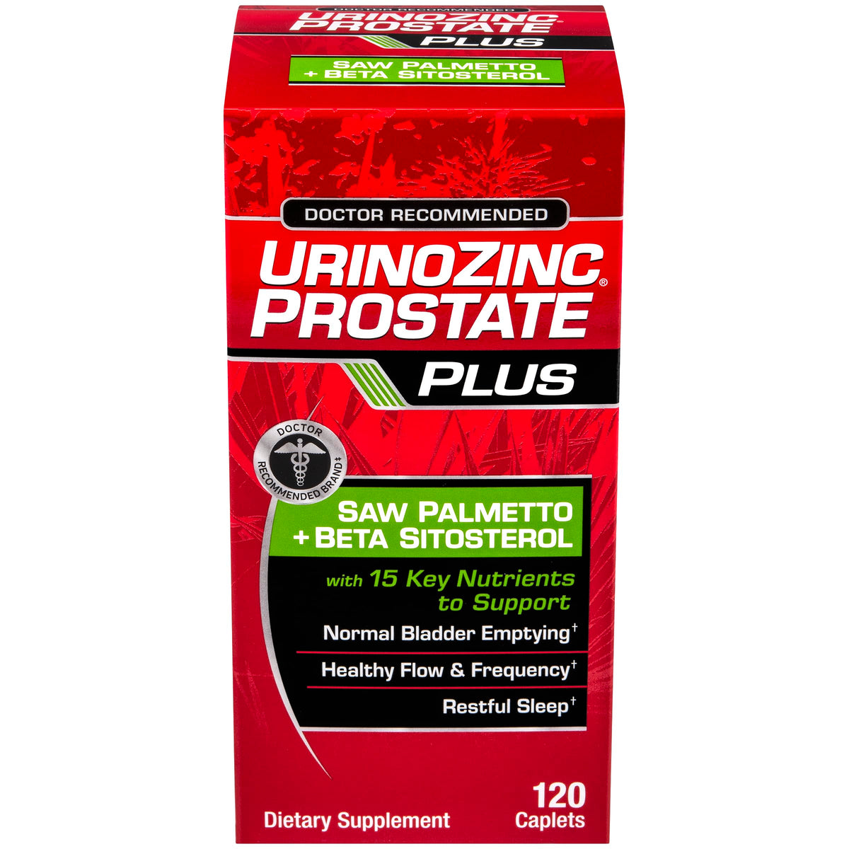 Urinozinc Prostate Plus bottle front showing container design for daily support