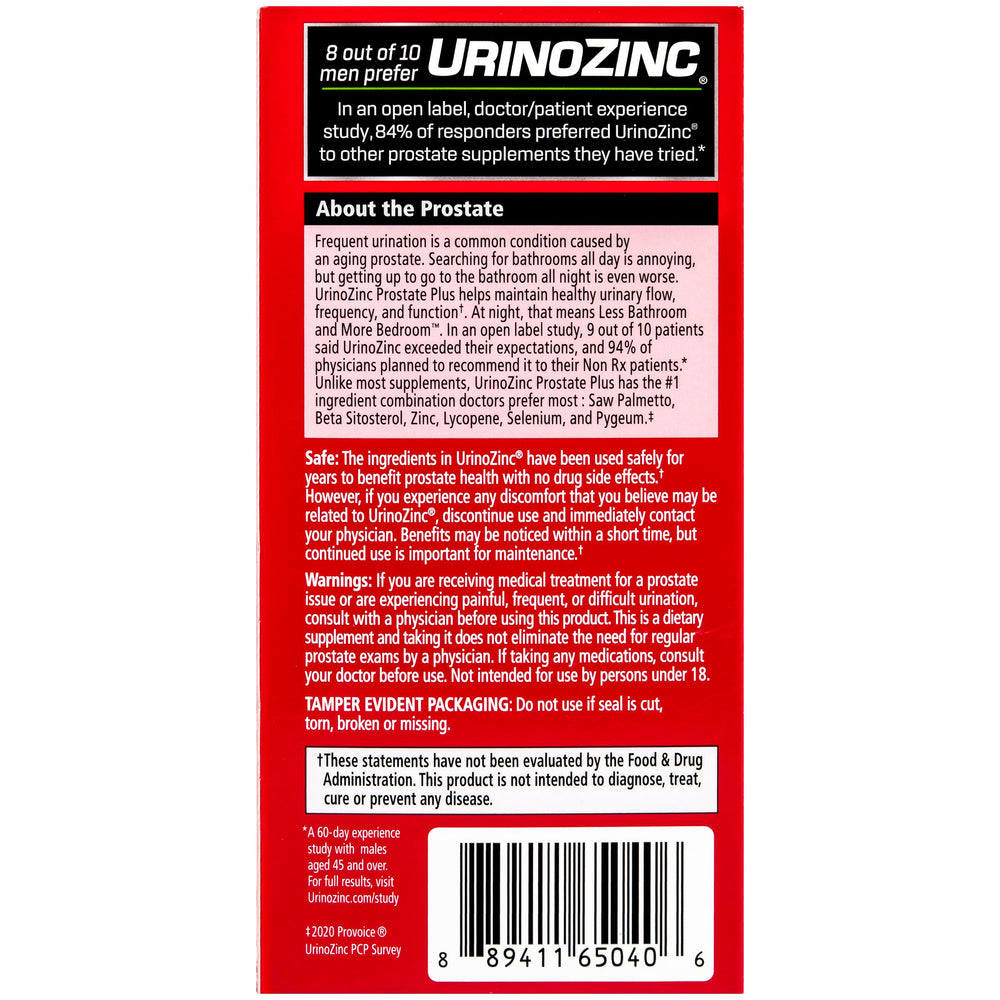 Close-up of Urinozinc Prostate Plus label highlighting key nutrients