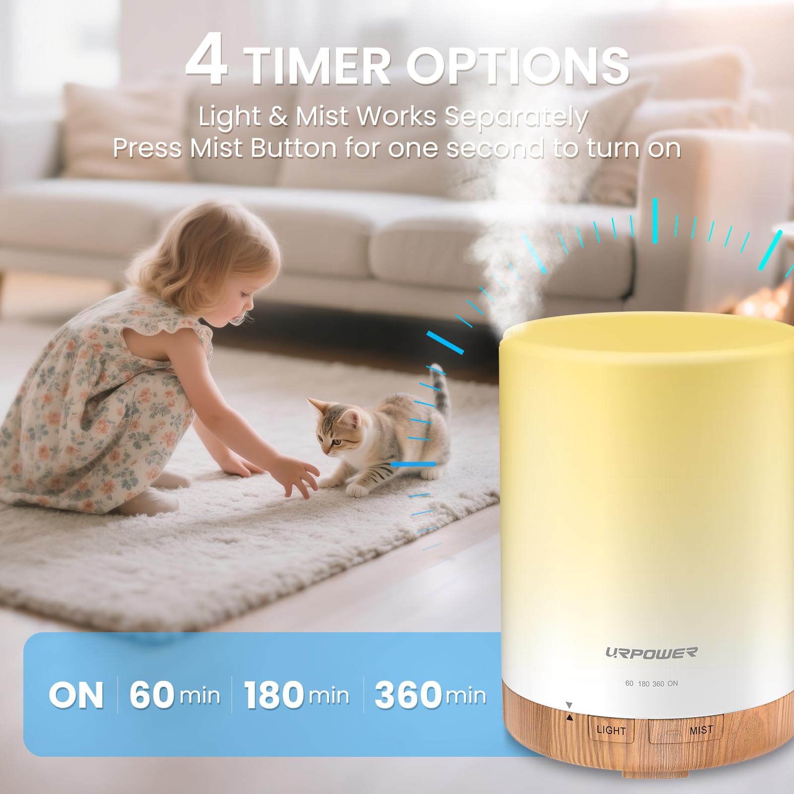 URPOWER 300ml diffuser with 7 color LED lights for mood lighting