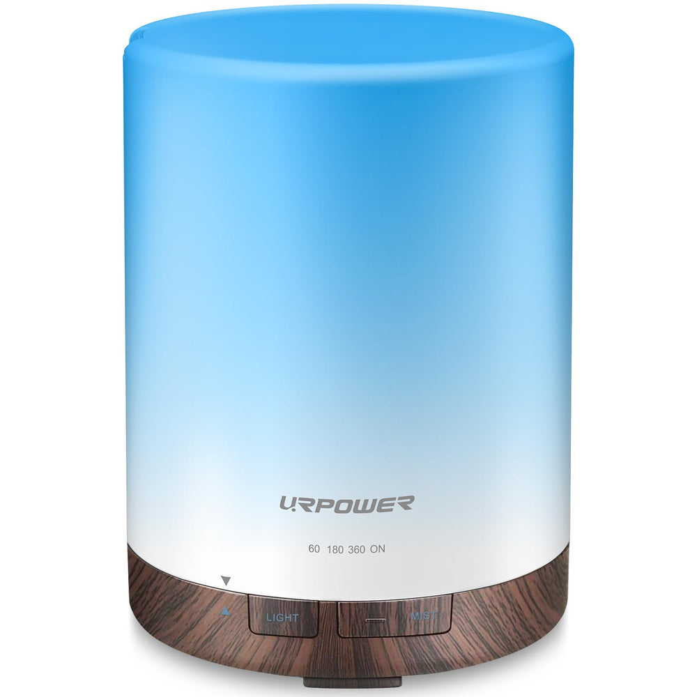 URPOWER 300ml diffuser with wood-grain base releasing gentle mist for home relaxation.