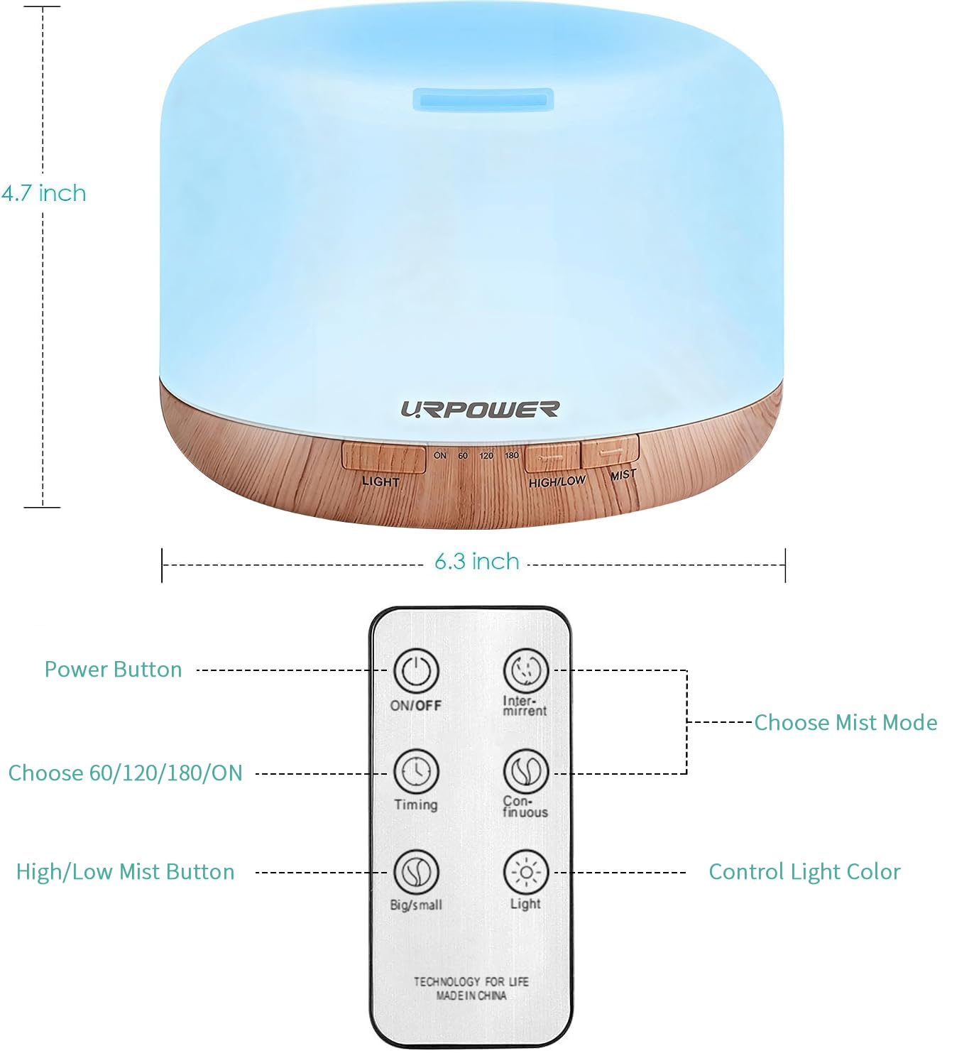 URPOWER diffuser with seven color-changing LEDs for mood lighting