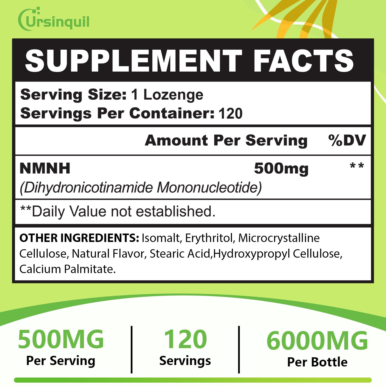 Ursinquil NMNH ingredients show gluten-free and soy-free formula.