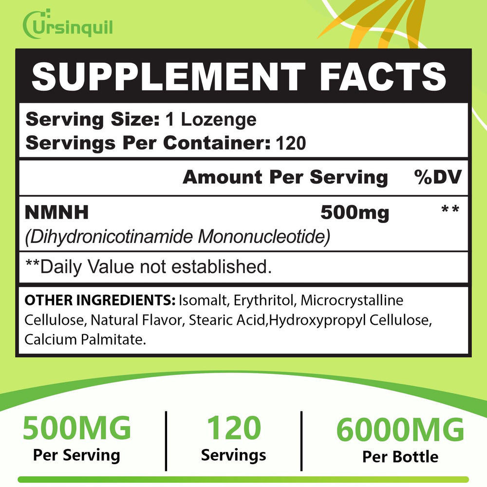 Ursinquil NMNH ingredients show gluten-free and soy-free formula.